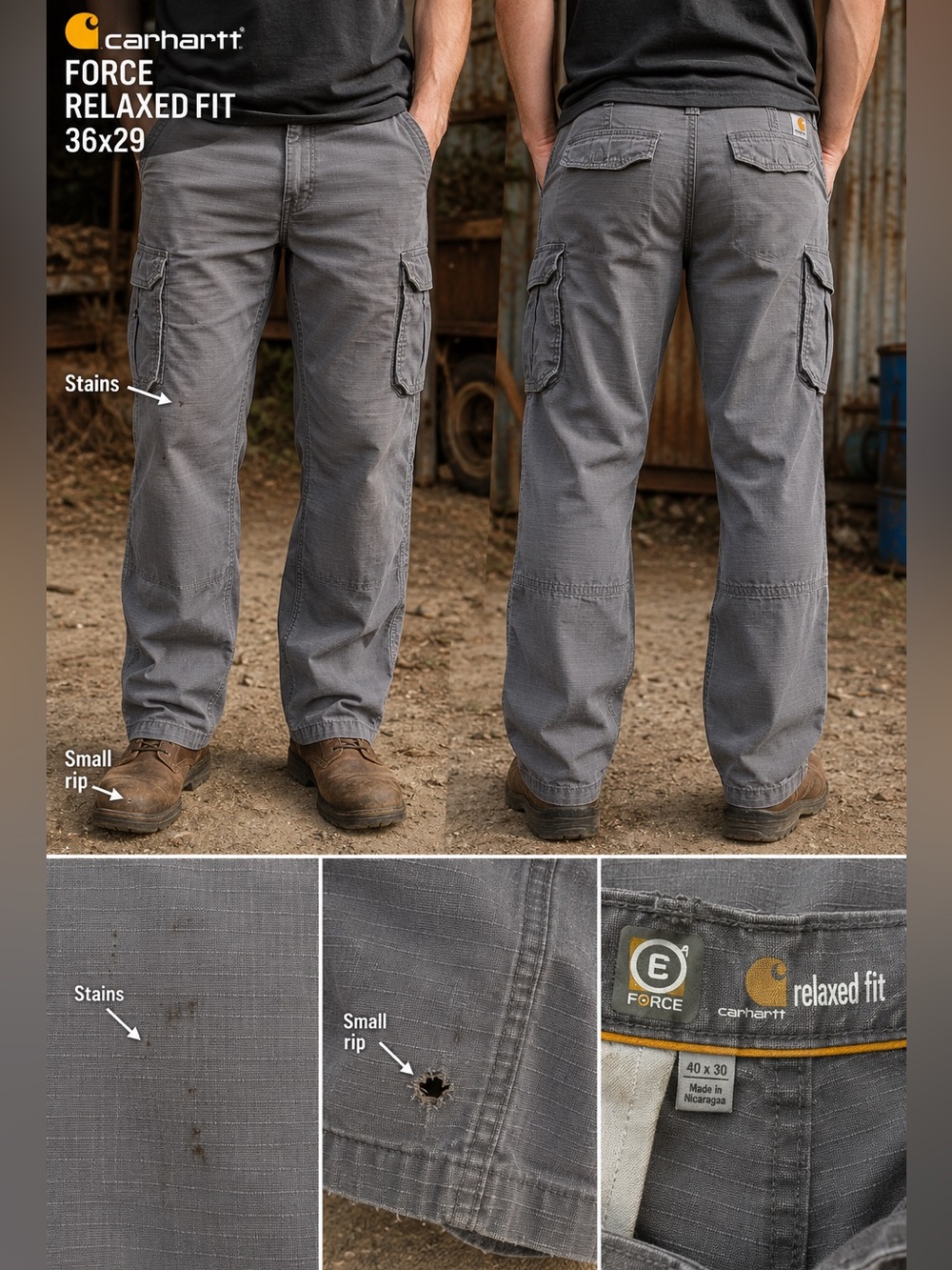 Carhartt Force Relaxed Fit Ripstop Cargo Pants Gray Men 36x29 Work Utility flaw